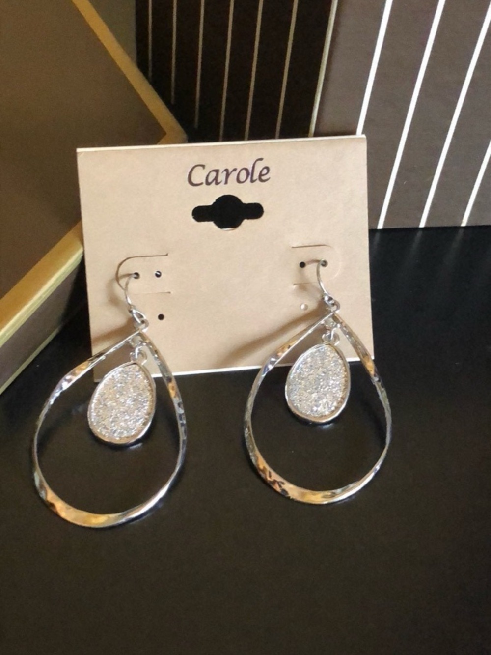 Silver Teardrop Dangle Earrings with Glitter Center
